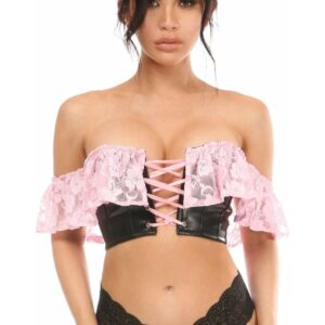Lavish Lt Pink Lace & Faux Leather Bustier Top - Daisy Corsets