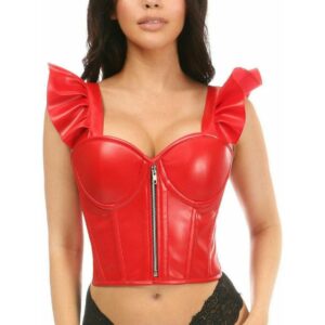 Lavish Red Faux Leather Bustier Top w/Ruffle Sleeves - Daisy Corsets