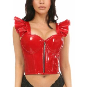 Lavish Red Patent Bustier Top w/Ruffle Sleeves - Daisy Corsets