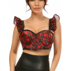 Lavish Red Plaid Underwire Bustier Top w/Removable Ruffle Sleeves