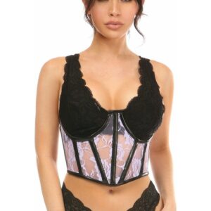 Lavish Sheer Lavender Lace & Faux Leather Open Cup Waist Cincher - Daisy Corsets