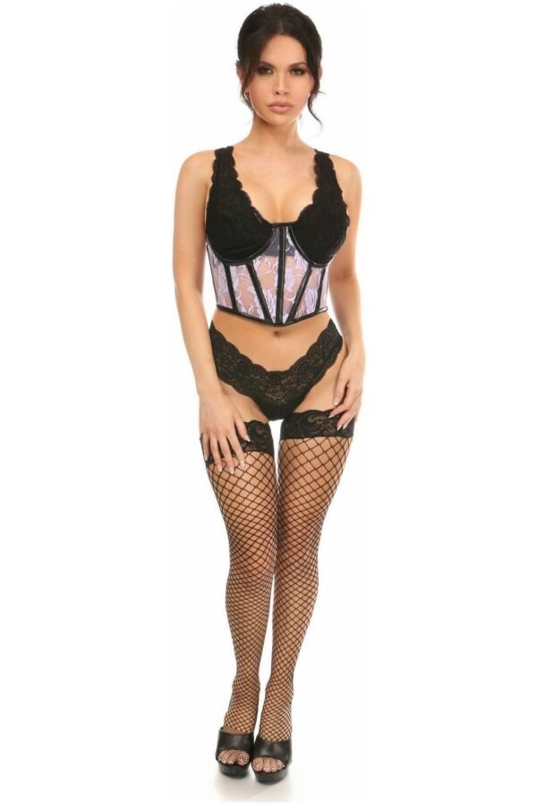 Lavish Sheer Lavender Lace & Faux Leather Open Cup Waist Cincher - Daisy Corsets