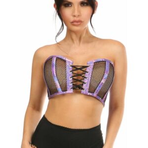 Lavish Purple Holo & Fishnet Lace-Up Short Bustier Top - Daisy Corsets