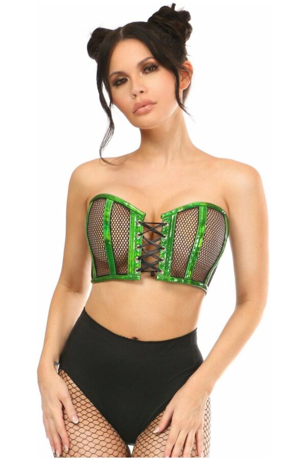 Lavish Green Holo & Fishnet Lace-Up Short Bustier Top - Daisy Corsets