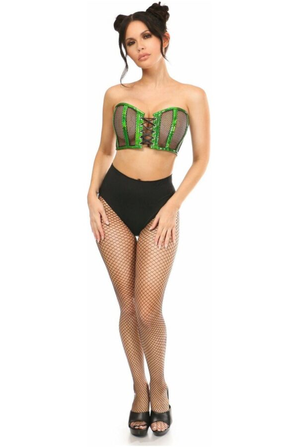 Lavish Green Holo & Fishnet Lace-Up Short Bustier Top - Daisy Corsets