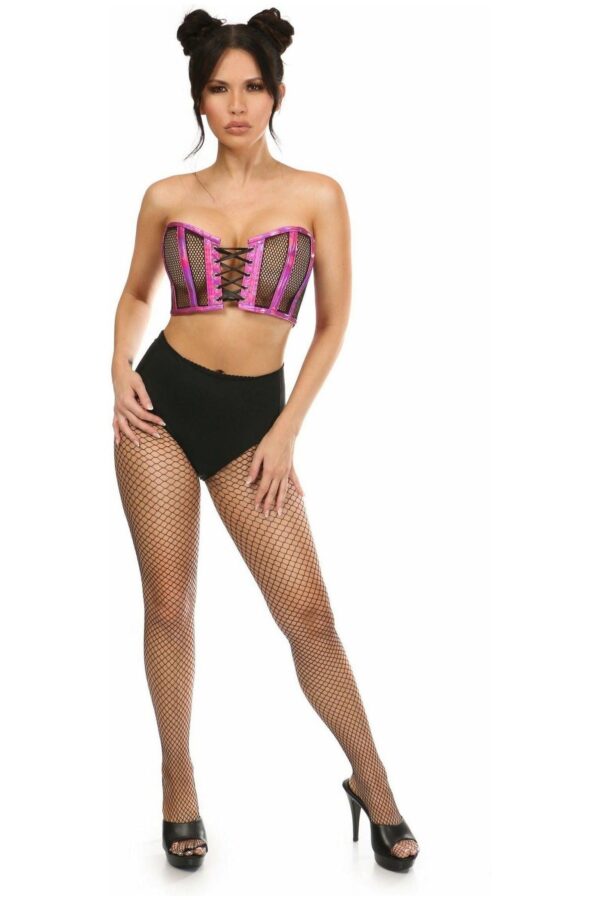 Lavish Fuchsia Holo & Fishnet Lace-Up Short Bustier Top - Daisy Corsets