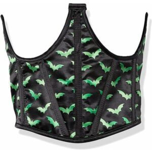 Lavish Black & Green Bats Satin Open Cup Waist Cincher