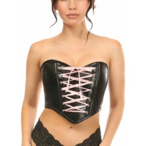 Lavish Black Faux Leather w/Pink Lace-Up Bustier - Daisy Corsets