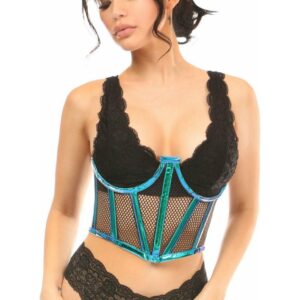 Lavish Blue/Teal Holo & Fishnet Underwire Waist Cincher Corset - Daisy Corsets