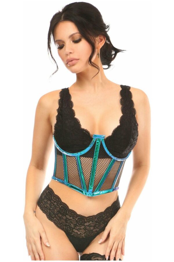 Lavish Blue/Teal Holo & Fishnet Underwire Waist Cincher Corset - Daisy Corsets