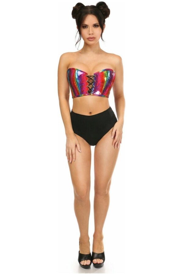 Lavish Rainbow Glitter PVC Lace-Up Bustier Top - Image 3
