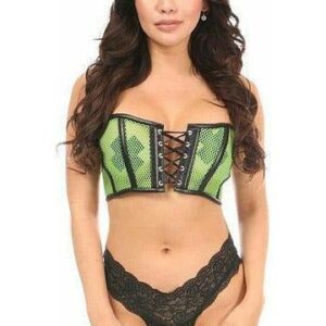 Lavish Neon Green Fishnet & Faux Leather Lace-Up Short Bustier Top - Daisy Corsets