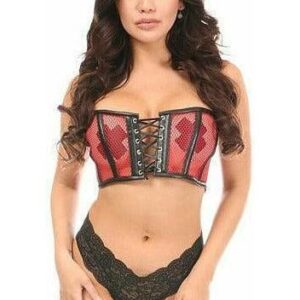 Lavish Red Fishnet & Faux Leather Lace-Up Short Bustier Top - Daisy Corsets