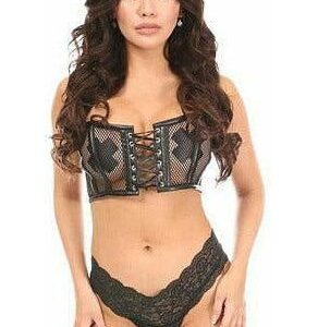 Lavish Black Fishnet & Faux Leather Lace-Up Short Bustier Top - Daisy Corsets