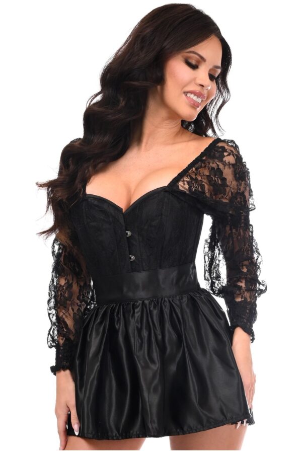 Top Drawer 2 PC Black Lace Steel Boned Corset & Satin Skirt Set - Image 3