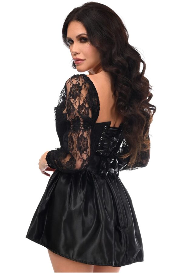 Top Drawer 2 PC Black Lace Steel Boned Corset & Satin Skirt Set - Image 4