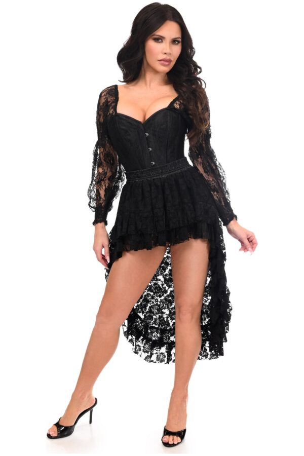 Top Drawer 2 PC Black Lace Steel Boned Corset & Lace Skirt Set