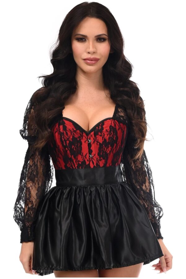 Top Drawer 2 PC Red/Black Lace Steel Boned Corset & Satin Skirt Set - Image 3