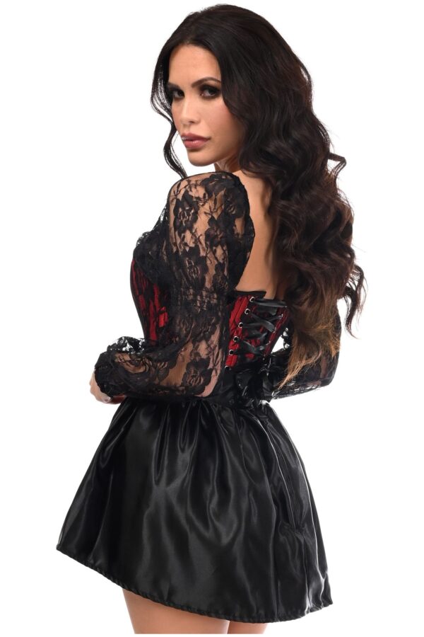 Top Drawer 2 PC Red/Black Lace Steel Boned Corset & Satin Skirt Set - Image 4