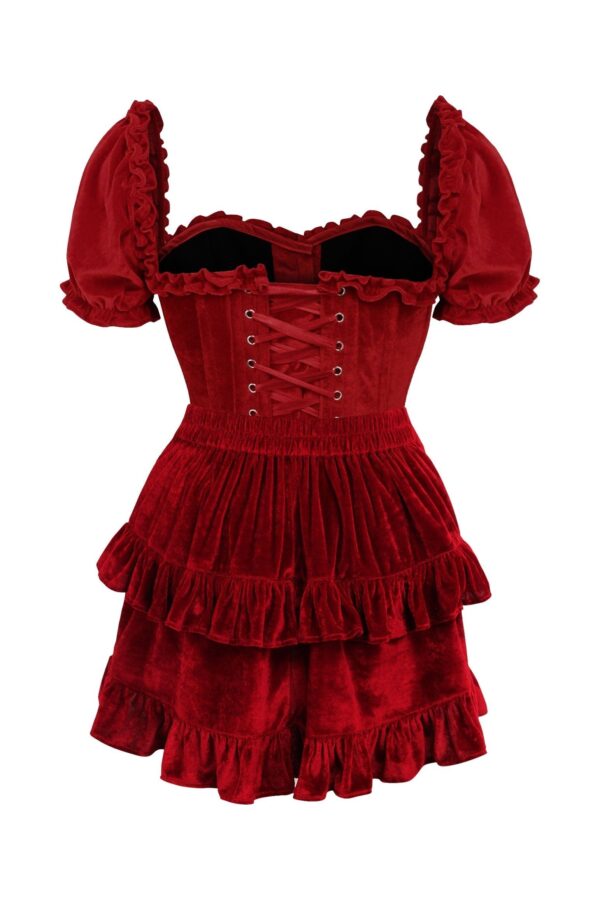 Top Drawer 2 PC Dark Red Velvet Steel Boned Corset w/sleeves & Skirt Set - Image 2