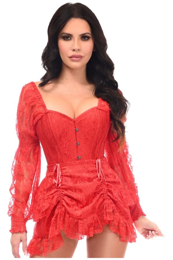 Top Drawer 2 PC Red Lace Steel Boned Corset & Skirt Set - Image 3