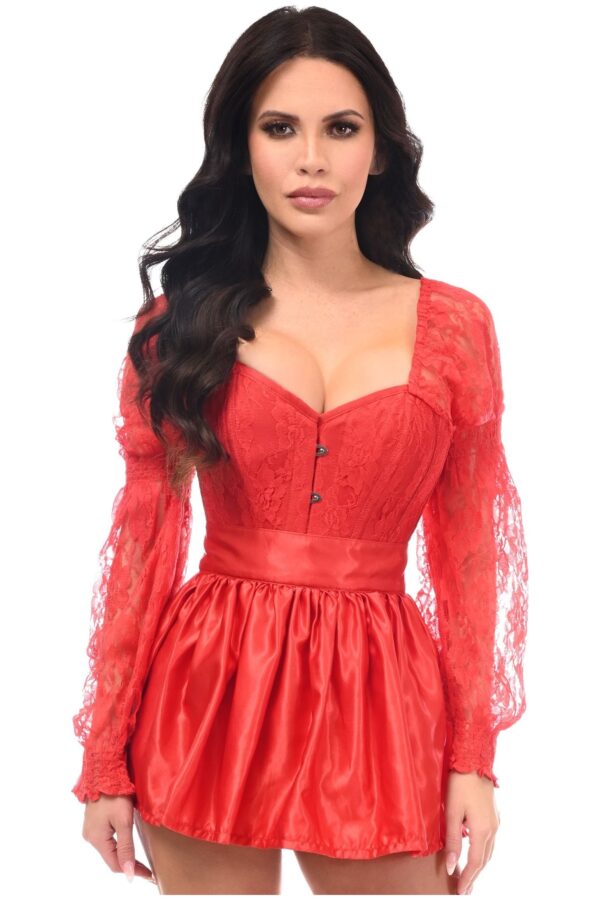 Top Drawer 2 PC Red Lace Steel Boned Corset & Satin Skirt Set - Image 3