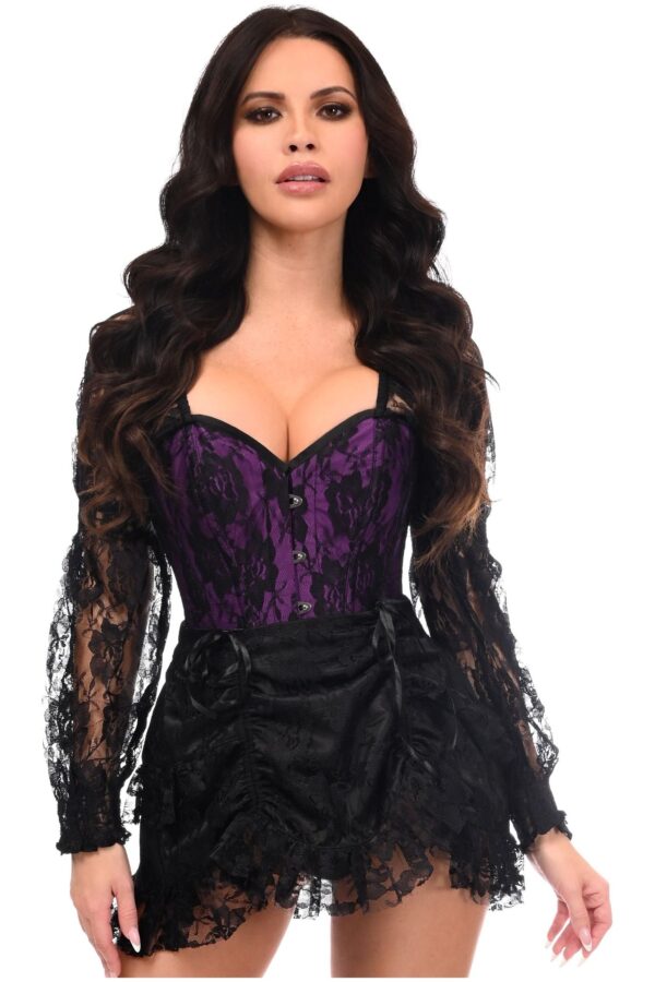 Top Drawer 2 PC Black/Purple Lace Steel Boned Corset & Skirt Set - Image 3