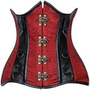 Top Drawer Wine Brocade & Faux Leather Steel Boned Under Bust Corset