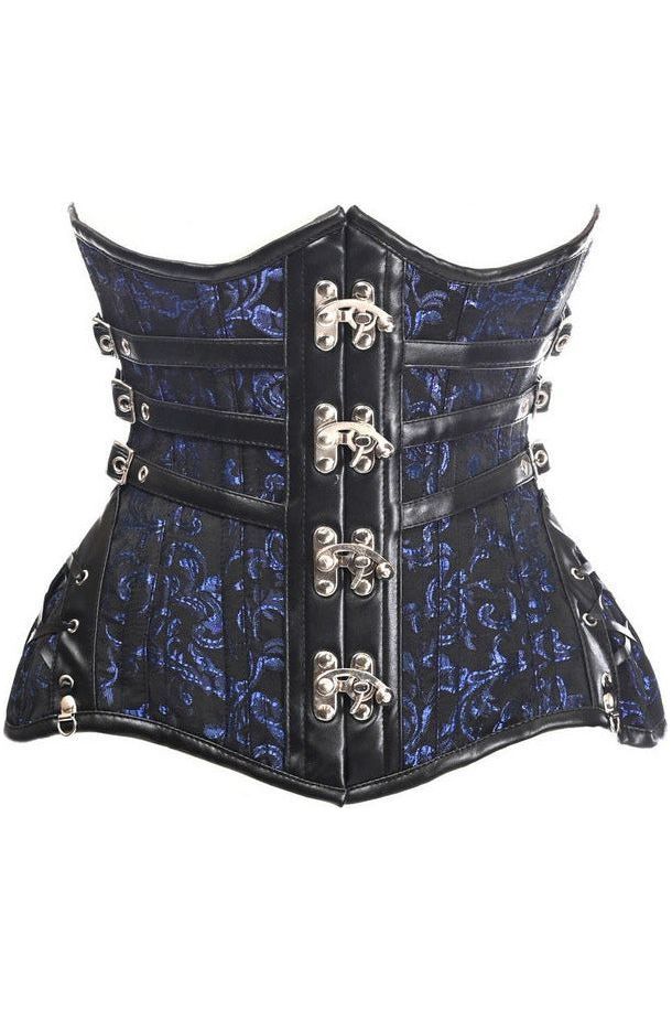 Top Drawer CURVY Steampunk Black/Blue Brocade Steel Double Boned Under Bust Corset