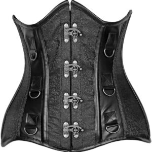 Top Drawer Black Brocade & Faux Leather Steel Boned Under Bust Corset