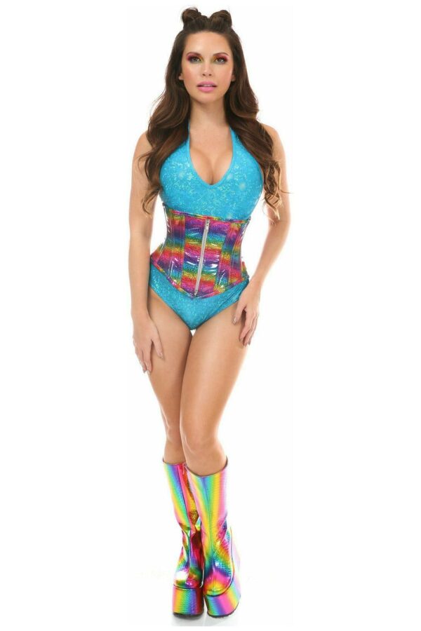 Top Drawer Rainbow Glitter Holo Steel Boned Mid Under Bust Corset - Image 3