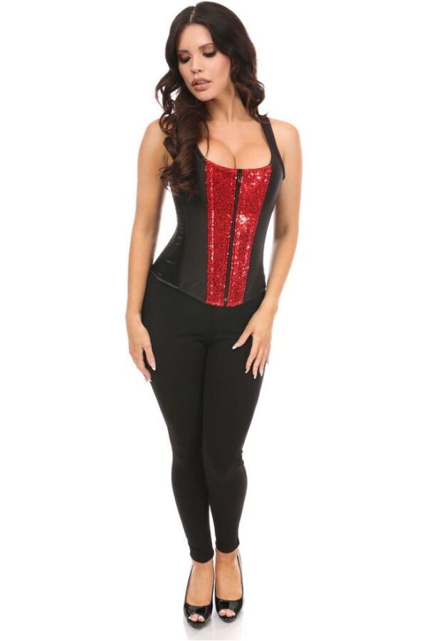 Top Drawer Black Satin & Red Sequin Steel Boned Corset w/Straps - Image 3