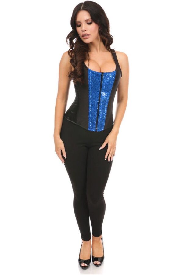 Top Drawer Black Satin & Blue Sequin Steel Boned Corset w/Straps - Image 3