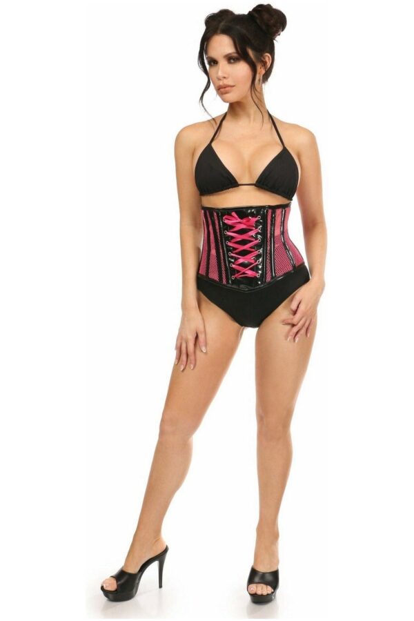 Top Drawer Neon Pink Patent & Fishnet Underbust Corset - Image 4