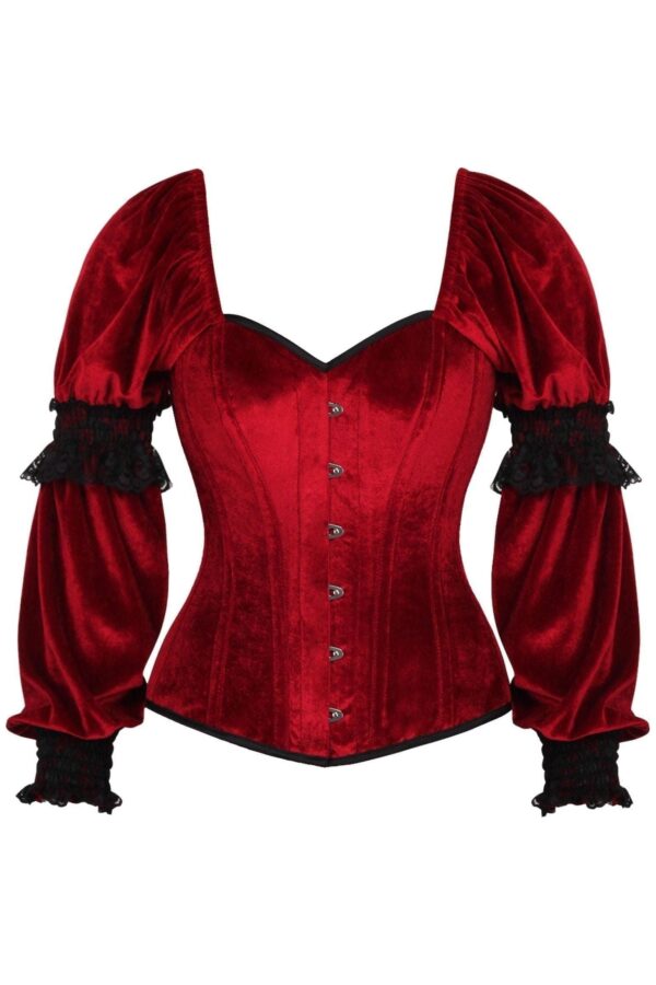 Top Drawer Dark Red Velvet Steel Boned Long Sleeve Corset