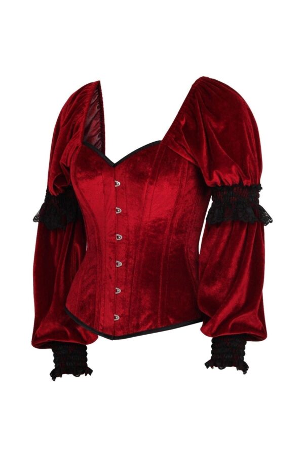 Top Drawer Dark Red Velvet Steel Boned Long Sleeve Corset - Image 2