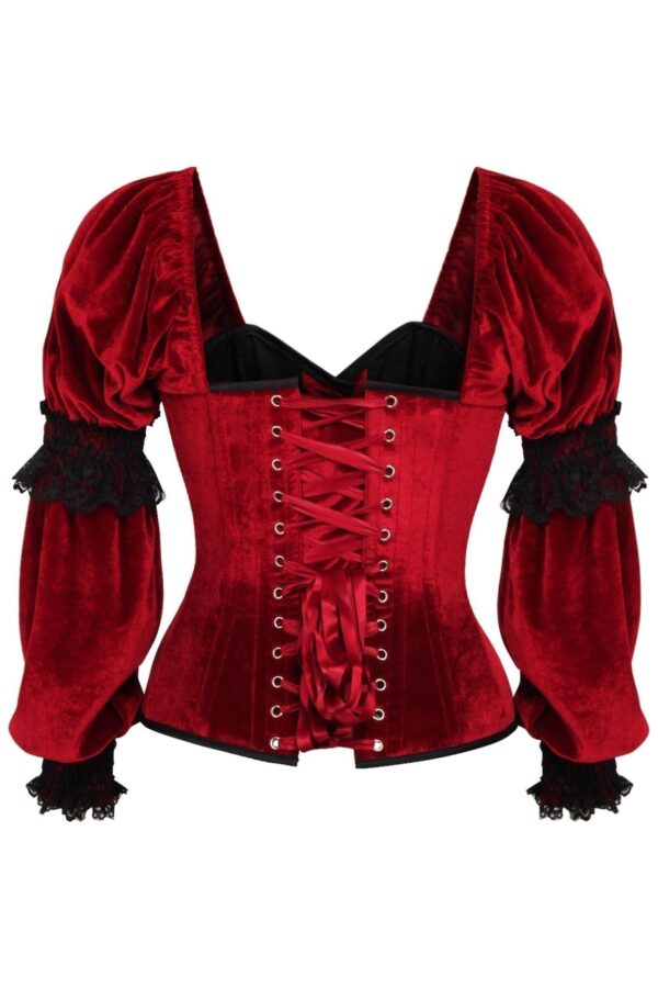 Top Drawer Dark Red Velvet Steel Boned Long Sleeve Corset - Image 3