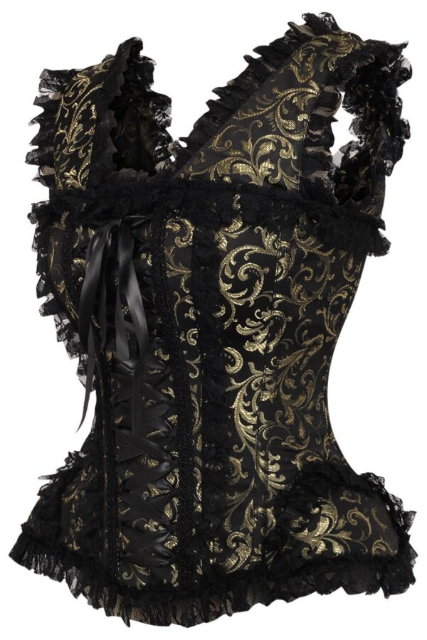 Top Drawer Gold/Black Swirl Brocade & Lace Steel Boned Corset w/Cap Sleeves - Image 2