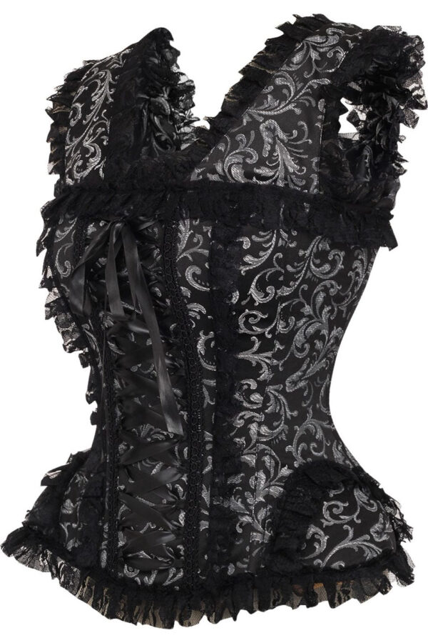 Top Drawer Silver/Black Swirl Brocade & Lace Steel Boned Corset w/Cap Sleeves - Image 2