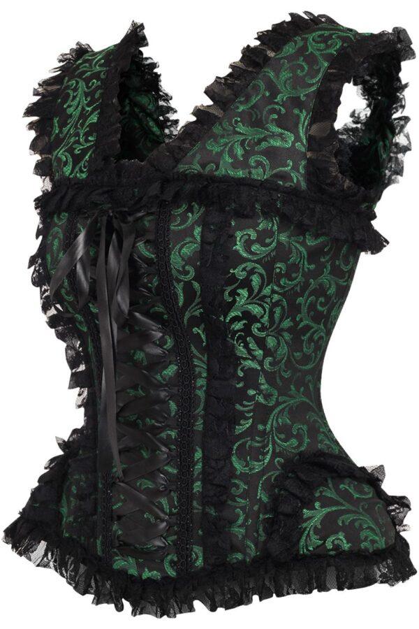 Top Drawer Green/Black Swirl Brocade & Lace Steel Boned Corset w/Cap Sleeves - Image 2