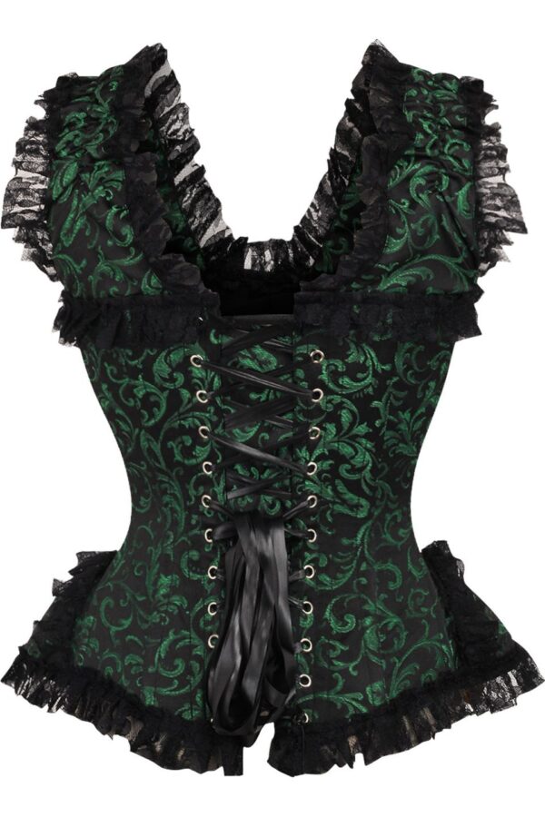 Top Drawer Green/Black Swirl Brocade & Lace Steel Boned Corset w/Cap Sleeves - Image 3