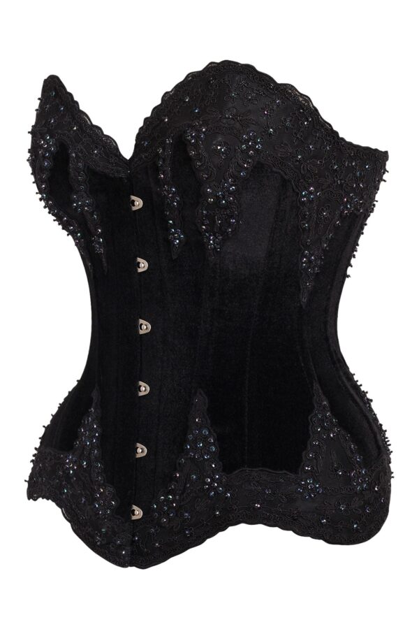 Top Drawer Black Velvet & Beaded Steel Boned Overbust Corset - Image 2