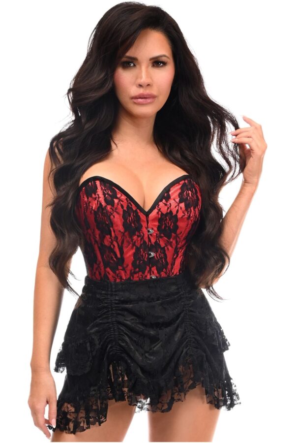 Top Drawer 2 PC Red Lace Steel Boned Corset & Skirt Set - Image 3