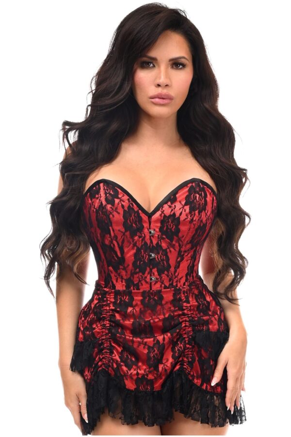 Top Drawer 2 PC Red Lace Steel Boned Corset & Skirt Set - Image 3