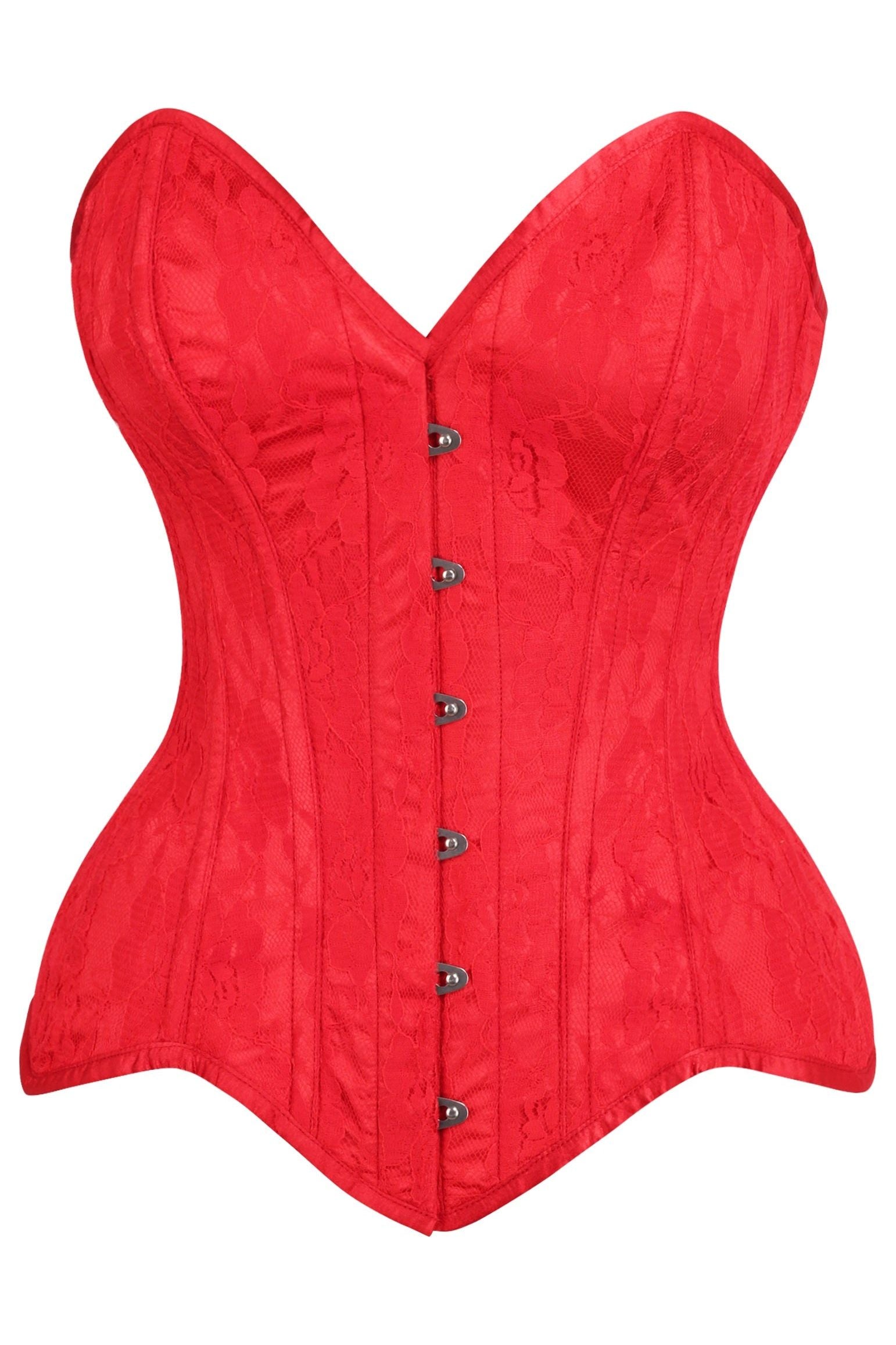 Top Drawer Red Satin w/Red Lace Overlay Steel Boned Overbust Corset