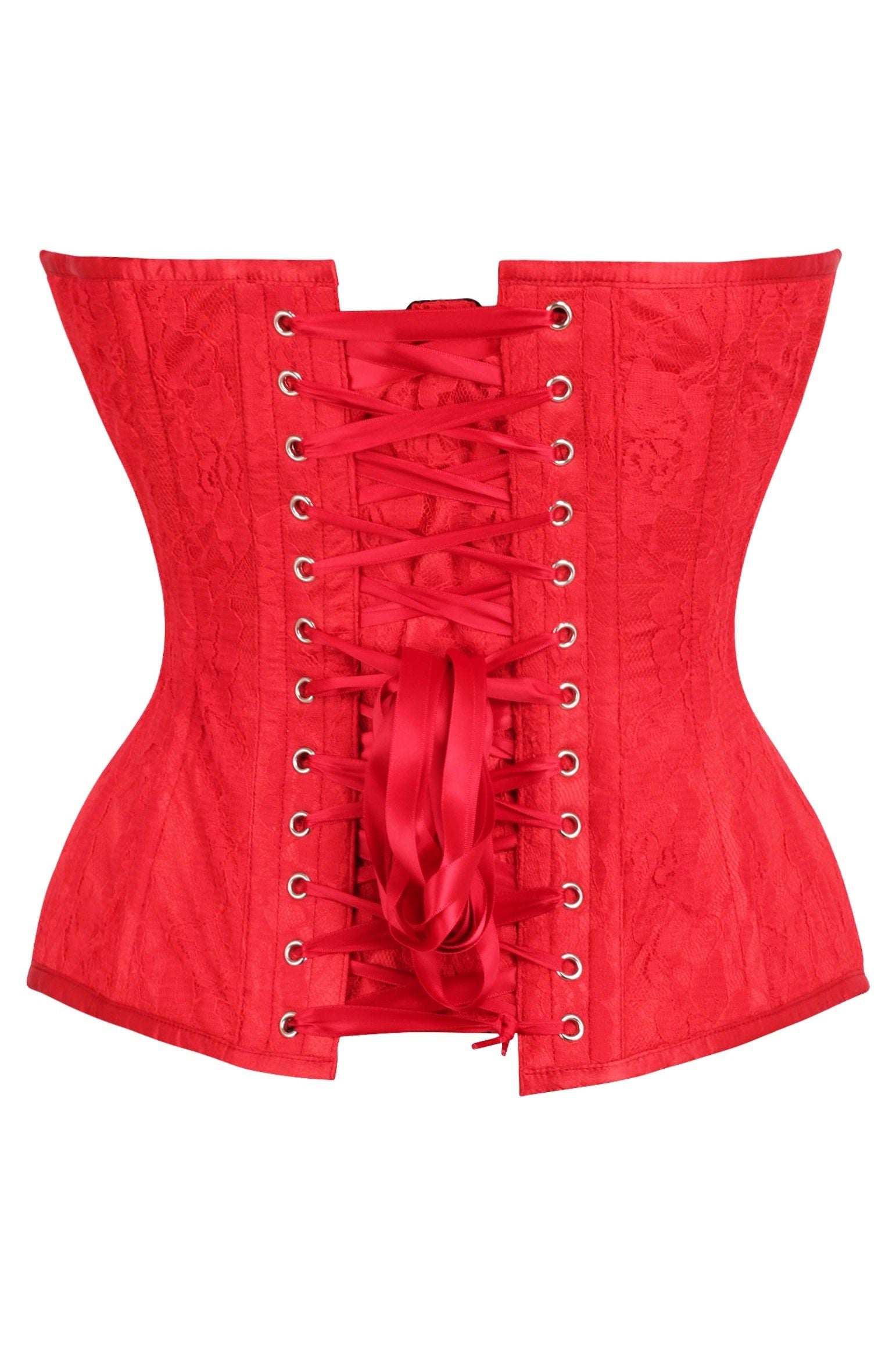Top Drawer Red Satin w/Red Lace Overlay Steel Boned Overbust Corset - Image 3