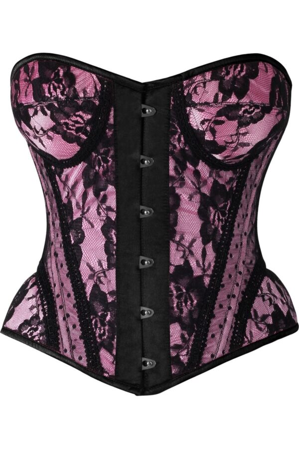 Top Drawer Pink w/Black Lace Steel Boned Underwire Bustier Corset - Image 5