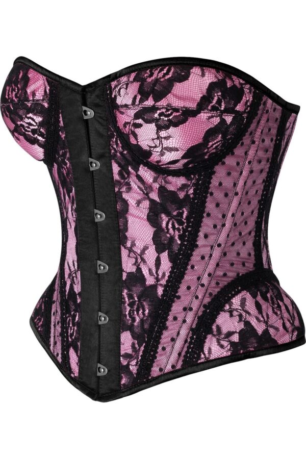 Top Drawer Pink w/Black Lace Steel Boned Underwire Bustier Corset - Image 6