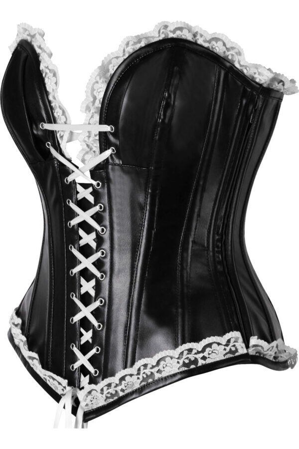 Top Drawer Black Faux Leather & White Lace Trim Steel Boned Corset - Image 2