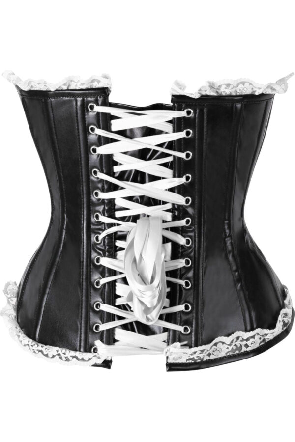 Top Drawer Black Faux Leather & White Lace Trim Steel Boned Corset - Image 3